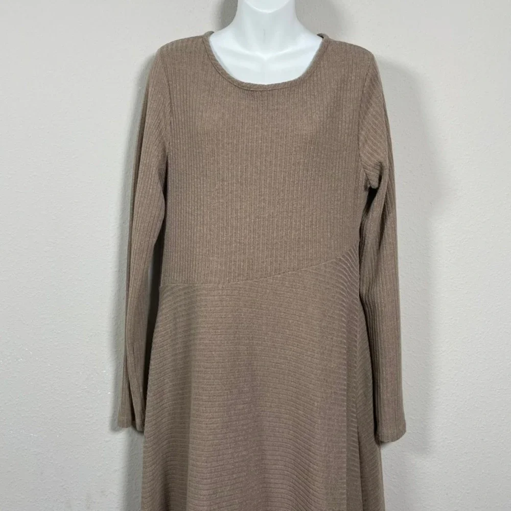 Soft Surroundings Ribbed Maxi Dress XL Tan Minimalist Cottagecore Long Sleeve